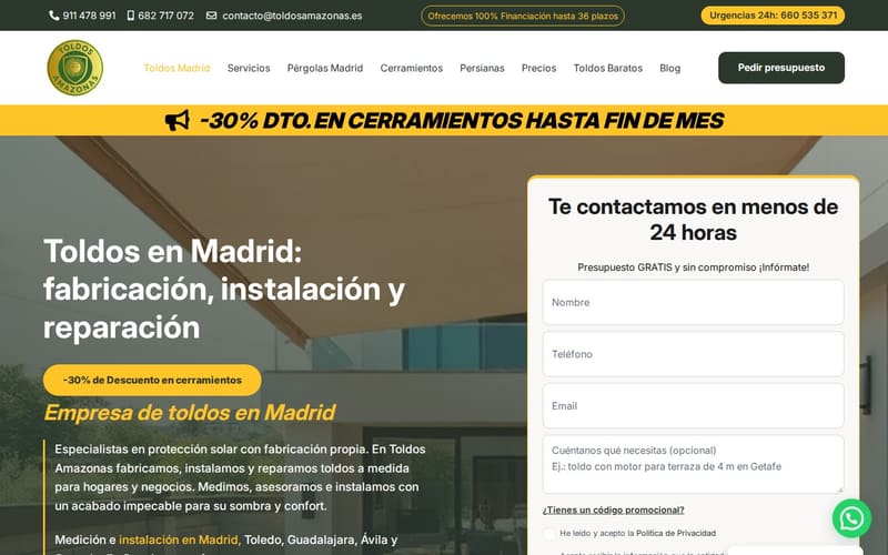 Web de Toldos Amazonas con formulario de presupuesto de toldos en Madrid